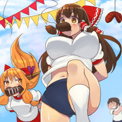 Rule 34 | arms behind back, blue buruma, blue sky, blush, bow, breasts, brown eyes, brown hair, brown horns, brownie (food), buruma, cloud, commentary request, cookie (touhou), day, feet out of frame, food, frilled bow, frilled hair tubes, frills, gym uniform, hair bow, hair tubes, hakurei reimu, horns, ibuki suika, kanna (cookie), large breasts, long hair, looking at another, meat, mo-fu, mouth hold, navel, open mouth, orange eyes, orange hair, outdoors, racing, red bow, running, shirt, short hair, sidelocks, sky, small breasts, squid, streamers, suzuki (cookie), touhou, white shirt, yamin (cookie)