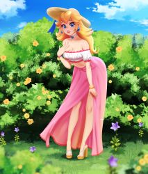 Rule 34 | 1girl, absurdres, alternate costume, bare legs, bare shoulders, blonde hair, blue eyes, bracelet, breasts, choker, cleavage, cloud, day, earrings, floral background, flower, frills, full body, garden, grass, hair flaps, hand on own chest, hand up, hat, hat ribbon, high heels, highres, jewelry, leaning, leaning forward, lips, lipstick, long hair, long skirt, looking at viewer, makeup, mario (series), medium breasts, melkcoffee, midriff, neck, necklace, nintendo, off-shoulder shirt, off shoulder, outdoors, parted lips, pink lips, pink skirt, princess peach, purple flower, ribbon, self-upload, shirt, skirt, sky, smile, solo, standing, straw hat, super mario bros. 1, white choker, white shirt, yellow flower