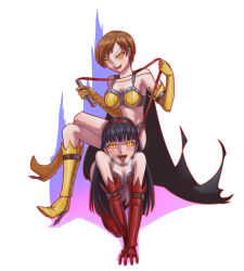 Rule 34 | 2girls, all fours, amagi yukiko, atlus, bare shoulders, bikini, black hair, blush, boots, breasts, brown hair, cape, cleavage, corruption, dark persona, elbow gloves, evil smile, femdom, gloves, glowing, glowing eyes, hairband, high heel boots, high heels, highres, human chair, human furniture, large breasts, leebigtree, long hair, looking at viewer, megami tensei, multiple girls, open mouth, orange eyes, persona, persona 4, satonaka chie, shadow (persona), shin megami tensei, shiny clothes, shiny skin, short hair, simple background, sitting, sitting on person, smile, swimsuit, tongue, tongue out, whip, white background, yellow eyes