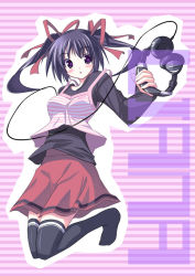Rule 34 | 1girl, :o, black thighhighs, blush, breasts, camisole, full body, hair ribbon, headphones, headphones removed, holding, jumping, long sleeves, looking at viewer, looking to the side, no shoes, original, parted lips, purple eyes, purple hair, red ribbon, red skirt, ribbon, senmu (senmudayo), skirt, sleeveless, solo, thighhighs, twintails, zettai ryouiki