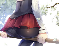 Rule 34 | 1girl, ass, bad id, bad nicoseiga id, bike shorts, black thighhighs, commentary request, corset, head out of frame, in tree, kantai collection, kobayashi chisato, long sleeves, lower body, miniskirt, panties, panties under shorts, pantyshot, petals, pleated skirt, red skirt, simple background, sitting, sitting in tree, skirt, solo, taihou (kancolle), thighhighs, tree, underwear, white background