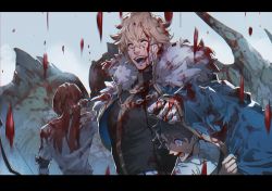 Rule 34 | 10s, 3boys, blonde hair, blood, blood on clothes, blood on face, blue eyes, cape, chromatic aberration, fate/extra, fate/grand order, fate (series), fujimaru ritsuka (male), fur trim, gawain (fate), highres, letterboxed, lifted by self, long hair, male focus, manly, multiple boys, ogata tomio, raining blood, shared cape, shared clothes, tears, tristan (fate), uniform