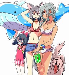 Rule 34 | 3girls, animal ears, arms up, bikini, black hair, blue eyes, bow, breasts, closed mouth, cup, denim, denim shorts, dog, ear piercing, glasses, grey hair, hair bow, holding, holding cup, inflatable toy, inflatable whale, jewelry, long hair, medium breasts, mokeo, multiple girls, necklace, one-piece swimsuit, open mouth, original, piercing, pink sweater, ponytail, red bikini, red eyes, shorts, simple background, small breasts, smile, sweater, swimsuit, tan, tanline, tongue, white background, white bikini