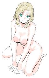 Rule 34 | 1girl, absurdres, arm support, blonde hair, breasts, from above, girls und panzer, green eyes, highres, kay (girls und panzer), kuppipi ramutarou, large breasts, long hair, looking at viewer, nipples, nude, sitting, solo, wariza, white background