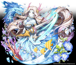 Rule 34 | 1girl, apple caramel, arcana tactics, blue flower, blue skin, breasts, bubble, check copyright, colored skin, company name, copyright request, coral, dragon, dress, flower, highres, holding, holding weapon, horns, lance, large breasts, long hair, looking at viewer, motion blur, official art, original, pink horns, polearm, solo, spear, tropical fish, very long hair, water, weapon, white hair, yellow eyes