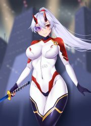 Rule 34 | 1girl, blurry, blurry background, blush, bodysuit, breasts, building, cameltoe, covered navel, fate/grand order, fate (series), fingerless gloves, gloves, hair between eyes, highres, holding, holding sword, holding weapon, horns, katana, large breasts, long hair, looking at viewer, matrix16, mechanical horns, mitsudomoe (shape), ponytail, purple-tinted eyewear, red eyes, scouter, silver hair, single fingerless glove, skin tight, skyscraper, smile, solo, sword, thighs, tinted eyewear, tomoe (symbol), tomoe gozen (fate), weapon, white bodysuit