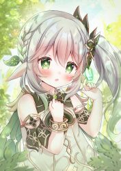 Rule 34 | 1girl, armlet, blush, braid, bug, butterfly, butterfly on hand, cape, day, dress, genshin impact, glowing butterfly, green eyes, grey hair, hair ornament, hanasakichu, highres, insect, leaf hair ornament, long hair, nahida (genshin impact), open mouth, outdoors, pointy ears, side ponytail, sleeveless, sleeveless dress, solo, sunlight, upper body