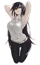 Rule 34 | 1girl, armpits, arms behind head, arms up, belt, black hair, black sclera, blue eyes, buttons, collared shirt, colored sclera, cropped legs, hair ornament, heterochromia, highres, long hair, original, pants, red eyes, sakura inu, shirt, simple background, skull hair ornament, sleeveless, solo, stitches, thigh gap, very long hair, white background, white shirt, wing collar, x hair ornament
