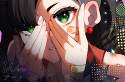 Rule 34 | 1girl, absurdres, artist name, asymmetrical bangs, bandaid, bandaid on face, bandaid on hand, bare shoulders, black hair, close-up, commentary, creatures (company), earrings, english commentary, game freak, green eyes, hands on own face, hands up, highres, jewelry, looking at viewer, marnie (pokemon), nintendo, parted lips, pearl earrings, pokemon, pokemon swsh, solo, sparkle, star sticker, upper body, weiic