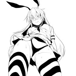 Rule 34 | 1girl, animal ears, bad id, bad pixiv id, blush, breasts, closed mouth, contrapposto, from below, greyscale, hair between eyes, highres, kantai collection, long hair, looking at viewer, miniskirt, monochrome, nervous smile, pleated skirt, rabbit ears, saruanu, shimakaze (kancolle), simple background, skirt, small breasts, smile, solo, standing, striped clothes, striped thighhighs, sweat, tears, thighhighs, thighs, thong, upskirt, wavy mouth