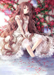 Rule 34 | 1girl, brown eyes, brown hair, chain, choker, corset, dress, earrings, flower, hagiwara rin, hair ribbon, jewelry, lace, lace-trimmed dress, lace trim, light smile, long hair, looking at viewer, necklace, off shoulder, original, petals, ribbon, sitting, soaking feet, solo, v arms, very long hair, water, wavy hair, white dress