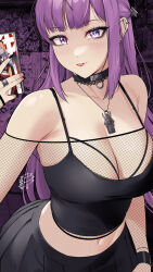 Rule 34 | 1girl, alternate costume, bare shoulders, black choker, black skirt, breasts, camisole, choker, cleavage, commentary request, damobelmont, earrings, fern (sousou no frieren), fishnet top, fishnets, highres, jewelry, large breasts, long hair, long sleeves, looking at viewer, midriff, navel, off-shoulder shirt, off shoulder, parted lips, purple eyes, purple hair, red lips, shirt, skirt, solo, sousou no frieren, spaghetti strap, upper body, very long hair