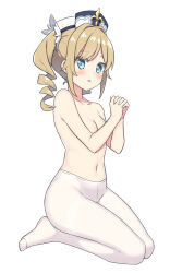 Rule 34 | 1girl, barbara (genshin impact), blue eyes, blush, breasts, collarbone, genshin impact, hatsunatsu, interlocked fingers, light brown hair, long hair, looking at viewer, navel, no shoes, own hands clasped, own hands together, pantyhose, parted lips, ringlets, seiza, simple background, sitting, small breasts, solo, thighband pantyhose, topless, twintails, underwear, underwear only, white background, white headwear, white pantyhose