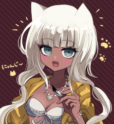 Rule 34 | 1girl, :d, animal ears, blush, breasts, cat ears, cleavage, collarbone, danganronpa (series), danganronpa v3: killing harmony, fang, green eyes, grey hair, hand up, holding, jacket, long hair, medium breasts, mikao (eanv5385), notice lines, open mouth, orange jacket, red background, smile, solo, striped, striped background, translation request, upper body, yonaga angie