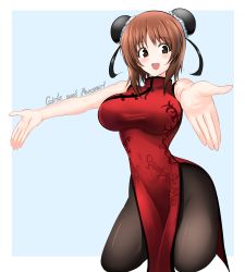 Rule 34 | 1girl, absurdres, aikir (jml5160), alternate costume, alternate hairstyle, black pantyhose, blue background, border, breasts, brown eyes, brown hair, bun cover, china dress, chinese clothes, commentary, copyright name, cowboy shot, cropped legs, double bun, dress, girls und panzer, hair bun, high collar, highres, large breasts, looking at viewer, medium dress, nishizumi miho, open mouth, outside border, outstretched arms, pantyhose, red dress, short hair, side slit, sleeveless, sleeveless dress, smile, solo, white border