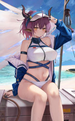 Rule 34 | 1girl, animal ears, arknights, arm strap, bare legs, bare shoulders, beach, bikini, blue jacket, blue nails, blush, breasts, closed mouth, hat, highres, horns, jacket, large breasts, long hair, long sleeves, looking at viewer, nail polish, navel, ocean, off shoulder, official alternate costume, ponytail, purple hair, ru zhai, sideroca (arknights), sideroca (light breeze) (arknights), sitting, solo, swimsuit, thighs, visor, water, white bikini, white hat, yellow eyes