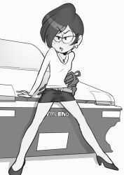 Rule 34 | 1girl, aged up, arm support, asymmetrical bangs, belt, breasts, car, earrings, facing viewer, freckles, full body, greyscale, half-closed eyes, high heels, highres, jewelry, kaze fukeba nanashi, leaning against vehicle, legs apart, long legs, looking at viewer, miniskirt, monochrome, motor vehicle, nickelodeon, pencil skirt, pendant, pink background, pumps, ronnie anne santiago, shirt, shoes, skinny, skirt, small breasts, standing, the casagrandes, the loud house, toyota, toyota sprinter trueno