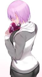 Rule 34 | 1girl, ass, blue gk, blush, breasts, fate/grand order, fate (series), from behind, highres, hood, hoodie, light purple hair, mash kyrielight, medium breasts, necktie, pantyhose, purple hair, red necktie, short hair, simple background, skirt, solo, valentine, white background