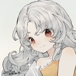 Rule 34 | 1girl, bare shoulders, closed mouth, commentary, curly hair, dated, frilled shirt, frills, grey hair, liang qi (biezhengleaimishiwode), long hair, portrait, red eyes, sakata nemuno, shirt, signature, simple background, sleeveless, sleeveless shirt, smile, solo, symbol-only commentary, touhou, white background, yellow shirt