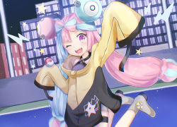 Rule 34 | 1girl, absurdres, bow-shaped hair, character hair ornament, creatures (company), game freak, grey pantyhose, hair ornament, hexagon print, highres, iono (pokemon), jacket, long hair, low-tied long hair, multicolored hair, nintendo, oversized clothes, pantyhose, pokemon, pokemon sv, sharp teeth, single leg pantyhose, sleeves past fingers, sleeves past wrists, solo, split-color hair, teeth, very long sleeves, x, yamabuki humi, yellow jacket