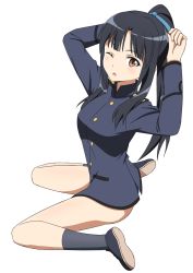Rule 34 | 1girl, black hair, blush, breasts, brown eyes, full body, hattori shizuka, highres, kanata mako, large breasts, long hair, looking at viewer, military, military uniform, one eye closed, open mouth, ponytail, simple background, sitting, solo, strike witches, uniform, white background, world witches series