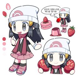 Rule 34 | 1girl, :d, beanie, black eyes, black hair, black legwear, cake, closed mouth, creatures (company), dawn (pokemon), dawnlover 01, dress, food, fruit, game freak, happy, hat, highres, holding, holding food, holding fruit, long hair, looking at viewer, macaron, multiple views, nintendo, open mouth, pokemon, pokemon dppt, scarf, simple background, smile, socks, strawberry, sweat, white background