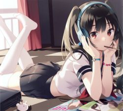 Rule 34 | 1girl, black hair, black skirt, blouse, briefcase, brown eyes, checkered floor, from side, head rest, headphones, highres, indoors, legs up, looking at viewer, lying, no shoes, on side, on stomach, original, pleated skirt, rie (reverie), riv (rivleaf), school briefcase, school uniform, serafuku, shirt, short sleeves, skirt, solo, the pose, thighhighs, twintails, watch, white shirt, white thighhighs, wristwatch, zettai ryouiki