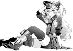 Rule 34 | 1girl, admiral hipper (azur lane), arm up, azur lane, blush, boots, gloves, greyscale, hori (hori no su), long hair, mole, mole under eye, monochrome, parted lips, simple background, sitting, solo, sweat, thighhighs, white background, wiping forehead