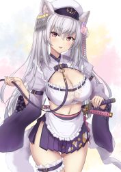 Rule 34 | 1girl, :d, animal ear fluff, animal ears, apron, breasts, brown eyes, cat ears, cat girl, cat tail, cleavage, commentary request, crop top, frilled apron, frills, grey hair, hair between eyes, hat, highres, indie virtual youtuber, japanese clothes, katana, kimono, large breasts, long hair, long sleeves, looking at viewer, midriff, miyako miyuri, monoku, navel, open mouth, peaked cap, pleated skirt, purple kimono, purple skirt, sheath, sheathed, skirt, smile, solo, sword, tail, twintails, very long hair, virtual youtuber, waist apron, weapon, white apron, white hat, wide sleeves