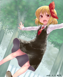 Rule 34 | 1girl, araki (qbthgry), artist name, black footwear, black skirt, black vest, blonde hair, breasts, commentary request, dappled sunlight, dated, day, dutch angle, fang, feet out of frame, floating, forest, hair between eyes, hair ribbon, looking at viewer, nature, necktie, open mouth, outdoors, outstretched arms, red eyes, red necktie, ribbon, rumia, shirt, short hair, skirt, small breasts, solo, spread arms, sunlight, touhou, vest, white shirt, wing collar
