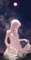 Rule 34 | 1girl, breasts, cleavage, dress, full moon, highres, long hair, md5 mismatch, moon, original, outdoors, resolution mismatch, see-through, silver hair, sky, sleeveless, sleeveless dress, solo, source smaller, sousou (sousouworks), star (sky), starry sky, wading
