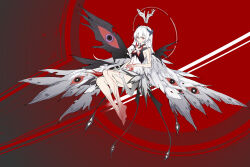 1girl absurdres bare_arms bare_legs barefoot black_wings butterfly_hair_ornament cdlo chaos_(pgr) colored_sclera extra_eyes extra_hands hair_between_eyes hair_ornament halo highres long_hair punishing:_gray_raven red_eyes red_halo red_sclera solo white_hair white_wings wings