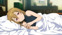 Rule 34 | 10s, 1girl, bed, brown hair, game cg, hair down, indoors, interlocked fingers, looking at viewer, lying, on side, own hands clasped, own hands together, pillow, red eyes, silica, smile, solo, sword art online, sword art online: hollow fragment