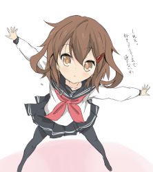 Rule 34 | 10s, 1girl, anchor symbol, black pantyhose, brown eyes, brown hair, core (mayomayo), hair ornament, hairclip, ikazuchi (kancolle), kantai collection, legs apart, neckerchief, outstretched arms, pantyhose, red neckerchief, school uniform, serafuku, simple background, solo, translation request