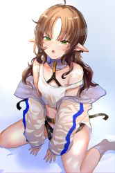 Rule 34 | 1girl, ahoge, arknights, bad id, bad twitter id, bare shoulders, brown hair, commentary request, crop top, green eyes, highres, hominamia, jacket, long hair, long sleeves, myrtle (arknights), navel, off shoulder, open clothes, open jacket, open mouth, pointy ears, sitting, socks, solo, stomach, tank top, thighs, wariza, white jacket, white tank top