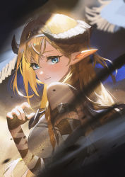 Rule 34 | 1girl, arknights, banner, bare shoulders, black gloves, blonde hair, blue eyes, blurry, blush, breasts, closed mouth, commentary request, depth of field, dragon horns, elbow gloves, fingerless gloves, from side, gloves, hairband, highres, horns, light, looking at viewer, looking to the side, medium breasts, pointy ears, saileach (arknights), smile, solo, ttk (kirinottk), upper body