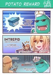 Rule 34 | 1girl, admiral (kancolle), blonde hair, blue eyes, box, braid, comic, cosplay, dress, edwin (cyberdark impacts), english text, half up braid, hat, highres, intrepid (kancolle), intrepid (kancolle) (cosplay), kantai collection, long hair, long sleeves, military, military uniform, naval uniform, off-shoulder dress, off shoulder, open mouth, peaked cap, potato, sunglasses, uniform, warspite (kancolle)