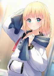 Rule 34 | 1girl, arm up, blonde hair, blue eyes, blurry, blurry background, blush, closed mouth, commentary request, depth of field, drawstring, dutch angle, enuni, hand up, highres, hood, hood down, hoodie, hoshino sora (enuni), long hair, long sleeves, looking at viewer, original, plaid, puffy long sleeves, puffy sleeves, solo, towel, towel around neck, white hoodie