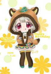 Rule 34 | 1girl, :p, animal ears, animal hood, artist name, artist request, bandeau, black gloves, black legwear, blush, bow, breasts, brown gloves, brown hair, brown hoodie, brown jacket, brown legwear, buttons, chibi, choker, collarbone, exciting animal (love live!), female focus, flat chest, frill trim, frilled bandeau, frilled cuffs, frilled skirt, frilled sleeves, frills, full body, fur-trimmed jacket, fur jacket, fur trim, gloves, green bow, green choker, green footwear, green ribbon, grey hair, hair ornament, hand on own cheek, hand on own face, heart, heart (symbol), heart print, high heels, hood, hood up, hooded jacket, hoodie, jacket, leaf hair ornament, leaf print, light brown hair, long sleeves, looking at viewer, love live!, love live! nijigasaki high school idol club, love live! school idol festival, love live! school idol festival all stars, miniskirt, nakasu kasumi, neck ribbon, orange bandeau, orange skirt, parted lips, pink bow, pink eyes, plaid, plaid skirt, pleated, pleated skirt, puffy long sleeves, puffy sleeves, purple eyes, raccoon costume, raccoon ears, raccoon hood, raccoon tail, ribbon, ribbon trim, short hair, skirt, small breasts, smile, solo, standing, tail, tongue, tongue out, two-tone legwear, two-tone skirt, white wrist cuffs, wrist cuffs