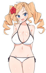Rule 34 | 1girl, bikini, blonde hair, blue eyes, breasts, cleavage, collarbone, commentary request, cowboy shot, drill hair, flower, gluteal fold, hair flower, hair ornament, honolulu (kancolle), junes, kantai collection, large breasts, long hair, looking at viewer, official alternate costume, side-tie bikini bottom, simple background, solo, swimsuit, thigh gap, twin drills, twintails, white background, white bikini