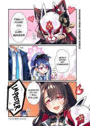 Rule 34 | 1boy, 2girls, 3koma, :d, akagi (azur lane), alternate costume, animal ears, azur lane, black gloves, black hair, blue archive, blunt bangs, blush, bow, cabbie hat, comic, company connection, cosplay, crossover, doughnut, eating, english text, eyeshadow, fingerless gloves, food, formal, fox ears, fox girl, fox mask, fubuki (blue archive), gloves, hair between eyes, hair bow, hair ribbon, halo, hat, heart, height difference, highres, hm (hmongt), long hair, long sleeves, look-alike, looking at viewer, makeup, mask, multiple girls, necktie, open mouth, out of frame, red eyes, ribbon, school uniform, sensei (blue archive), sidelocks, smile, speech bubble, suit, trait connection, twintails, wakamo (blue archive), wakamo (blue archive) (cosplay), yostar