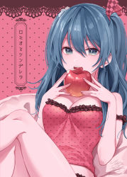 Rule 34 | 1girl, apple, aqua eyes, bare legs, blue hair, border, bow, breasts, brown border, brown ribbon, camisole, checkered bow, checkered clothes, cleavage, feet out of frame, fingernails, food, fruit, hair between eyes, hair bow, half-closed eyes, hatsune miku, hinata mizuiro, holding, holding food, holding fruit, lace, lace-trimmed bow, lace border, lace trim, legs together, light smile, long hair, looking at viewer, medium breasts, midriff peek, open mouth, ornate border, pink background, pink bow, pink camisole, polka dot, polka dot background, polka dot camisole, ribbon, romeo to cinderella (vocaloid), shiny skin, simple background, sitting, solo, song name, strap slip, teeth, tsurime, two side up, upper teeth only, vocaloid