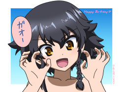 Rule 34 | 1girl, :d, artist name, bare shoulders, black hair, braid, brown eyes, claw pose, commentary, dated, english text, girls und panzer, hair tie, happy birthday, heart, looking at viewer, naotosi, open mouth, outside border, pepperoni (girls und panzer), portrait, short hair, side braid, smile, solo, translated