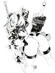 Rule 34 | 1girl, arm up, ass, back cutout, bent over, blush, clothing cutout, cropped legs, dated, dress, dutch angle, feather-trimmed sleeves, gloves, greyscale, hairband, huge weapon, juliet sleeves, leotard, long sleeves, looking at viewer, looking back, monochrome, nier (series), nier:automata, poch4n, profile, puffy sleeves, short dress, short hair, shoulder blades, sidelocks, solo, thighhighs, thighs, thong, thong leotard, weapon, 2b (nier:automata)