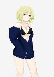 Rule 34 | 1girl, bad id, bad pixiv id, bare legs, bare shoulders, bikini, bikini top only, black bikini, blue jacket, blush, breasts, cleavage, collarbone, green eyes, green hair, gumi, hand in pocket, highres, jacket, long sleeves, matching hair/eyes, off shoulder, open clothes, open jacket, ozma (ac0136), short hair, short hair with long locks, solo, standing, swimsuit, vocaloid, zipper