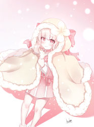 Rule 34 | 1girl, absurdres, alswp5806, blush, bow, brown cloak, cloak, closed mouth, food fantasy, fur-trimmed cloak, fur-trimmed hood, fur trim, gloves, hair between eyes, highres, hood, hood up, jiuniang (food fantasy), light brown hair, long hair, long sleeves, looking at viewer, pink bow, pink skirt, pleated skirt, red eyes, signature, skirt, solo, standing, wavy mouth, white gloves
