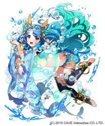 Rule 34 | 1girl, :o, absurdly long hair, absurdres, air bubble, akiru (hokuouhuuhu), anklet, bangle, blue eyes, blue footwear, blue hair, blue legwear, bracelet, bubble, coral hair ornament, gothic wa mahou otome, gradient hair, hand up, highres, jewelry, long hair, looking at viewer, midriff, multicolored hair, official art, seashell, see-through, shell, silk, solo, very long hair, watermark