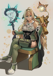 Rule 34 | 1girl, bare shoulders, blonde hair, breasts, chair, detached sleeves, duel monster, garter straps, genni (yu-gi-oh!), glasses, green eyes, highres, kiyama yamato, large breasts, long hair, looking at viewer, scroll, servant of endymion, shoes, sleeveless, solo, staff, thighhighs, very long hair, wide sleeves, witchcrafter genni, yu-gi-oh!