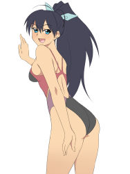 Rule 34 | 1girl, :d, ass, back, black hair, blue eyes, blush, breasts, fang, ganaha hibiki, highres, idolmaster, idolmaster (classic), kagemusha, long hair, looking at viewer, looking back, medium breasts, one-piece swimsuit, open mouth, ponytail, sideboob, simple background, smile, solo, standing, swimsuit, white background