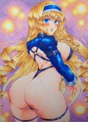 Rule 34 | 1girl, ass, blonde hair, blue eyes, breasts, cecilia alcott, curvy, drill hair, highres, huge ass, infinite stratos, large breasts, legs, long hair, looking at viewer, looking back, sideboob, solo, thick thighs, thighs, traditional media